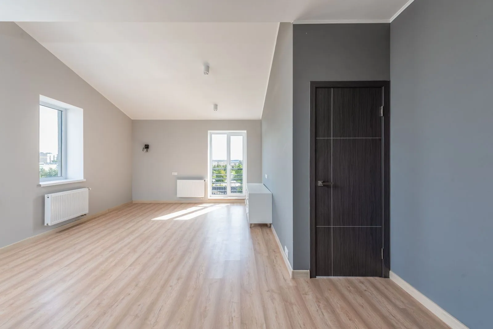 Cômodo vazio e recém-pintado, com piso laminado claro, aquecedores e uma porta escura
